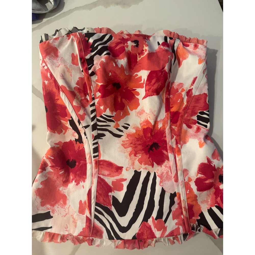 Boustier House Black Market Floral Zebra Corset Top Strapless Red Pink Size 0